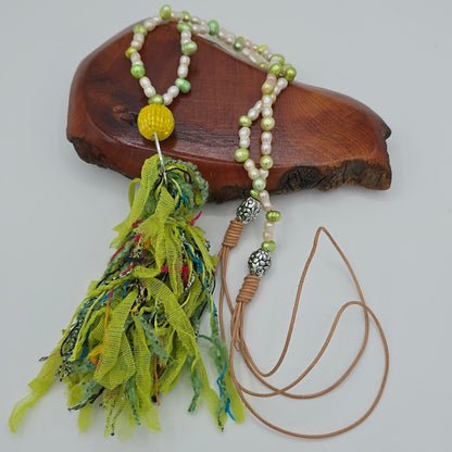 White Pearls & Lime Green Dancing Pearls & Colorful Tassel Necklace