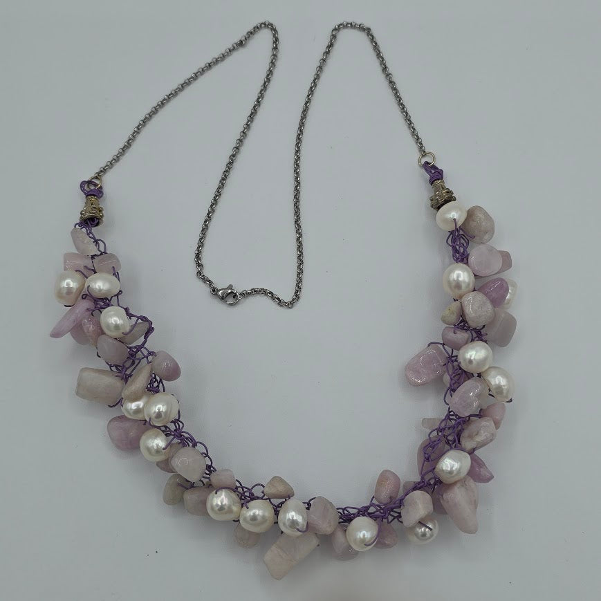 Beautiful Wire Crochet Kunzite and Pearl Necklace and Stainless Steel Chain
