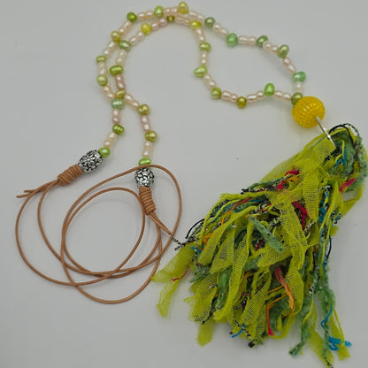 White Pearls & Lime Green Dancing Pearls & Colorful Tassel Necklace
