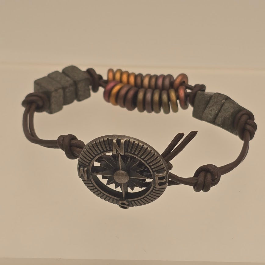 Leather Bracelet With Czech Glass & Fool's Gold/Pyrite Beads