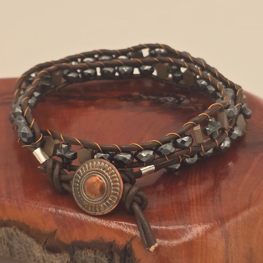 Brown Leather Double Wrap Bracelet With Hematite Beads - Celtic Crosses and Gold Tone Hematite