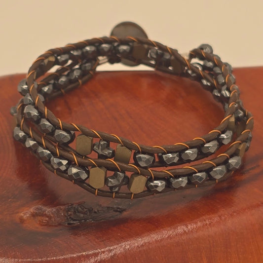 Brown Leather Double Wrap Bracelet With Hematite Beads - Celtic Crosses and Gold Tone Hematite