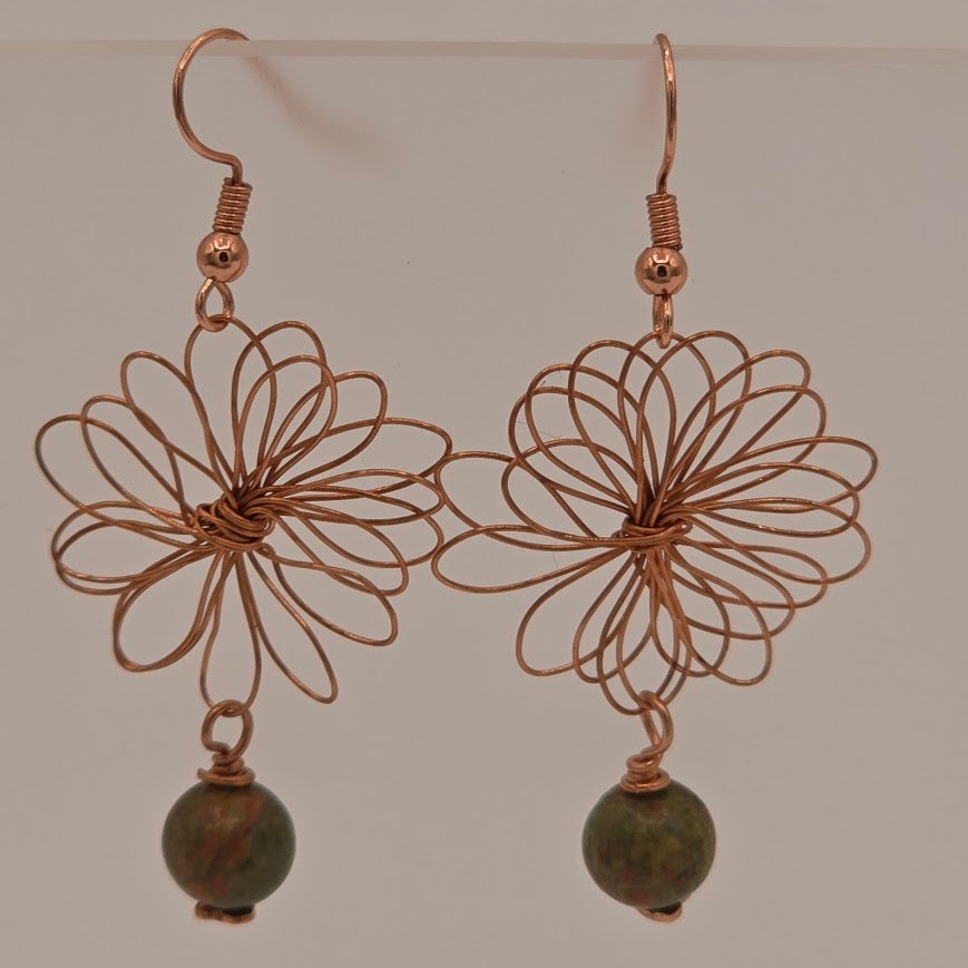 Copper Wire Flowers With Unakite Beads and Copper Ear Wires