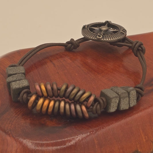Leather Bracelet With Czech Glass & Fool's Gold/Pyrite Beads