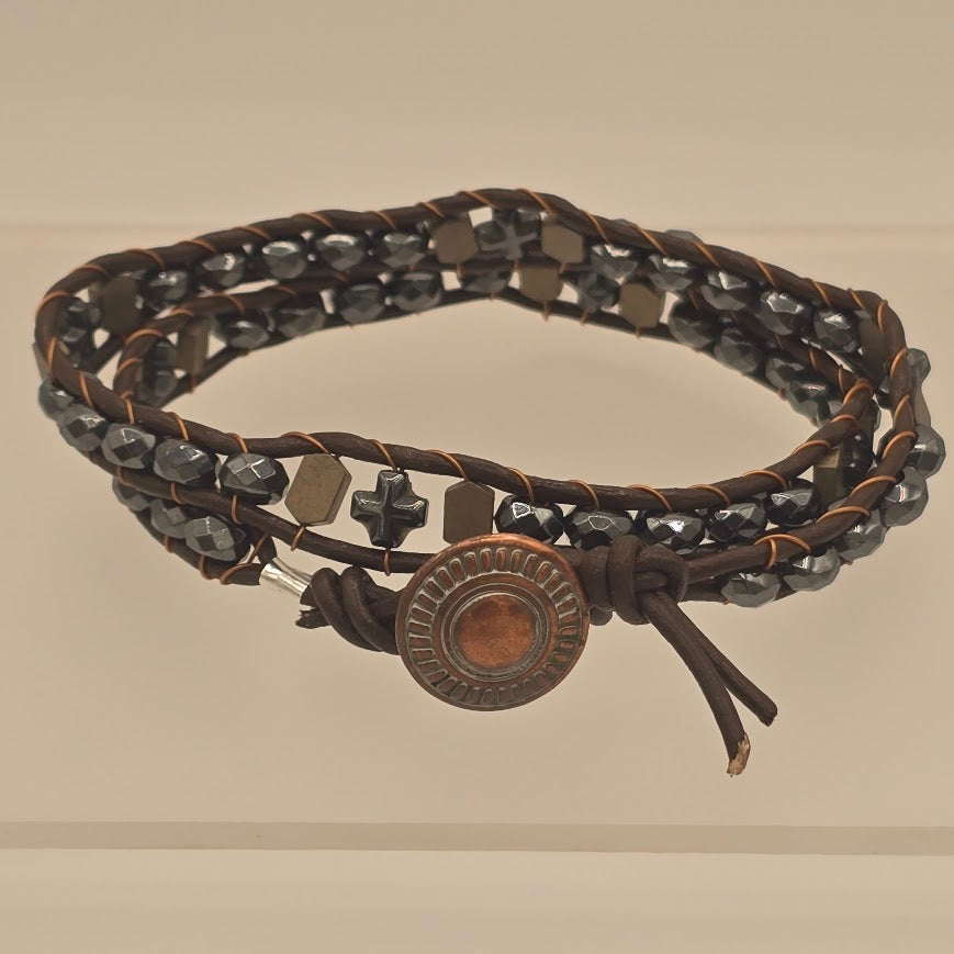 Brown Leather Double Wrap Bracelet With Hematite Beads - Celtic Crosses and Gold Tone Hematite
