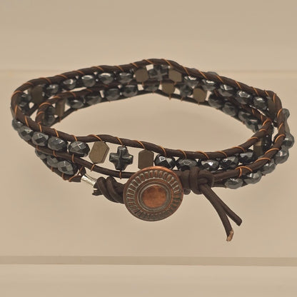 Brown Leather Double Wrap Bracelet With Hematite Beads - Celtic Crosses and Gold Tone Hematite