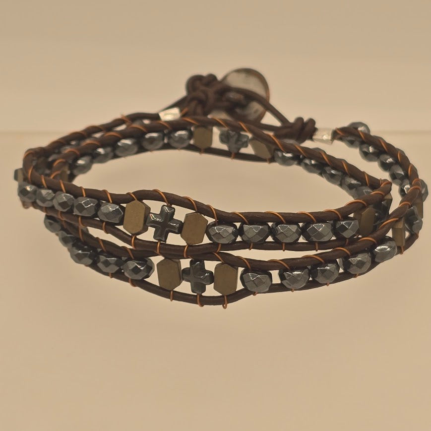 Brown Leather Double Wrap Bracelet With Hematite Beads - Celtic Crosses and Gold Tone Hematite