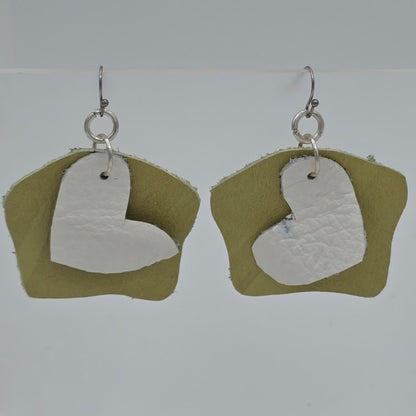 White Hearts & Unique Lime Pattern Leather on Stainless Steel Ear Wires
