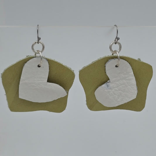 White Hearts & Unique Lime Pattern Leather on Stainless Steel Ear Wires