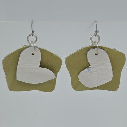 White Hearts & Unique Lime Pattern Leather on Stainless Steel Ear Wires