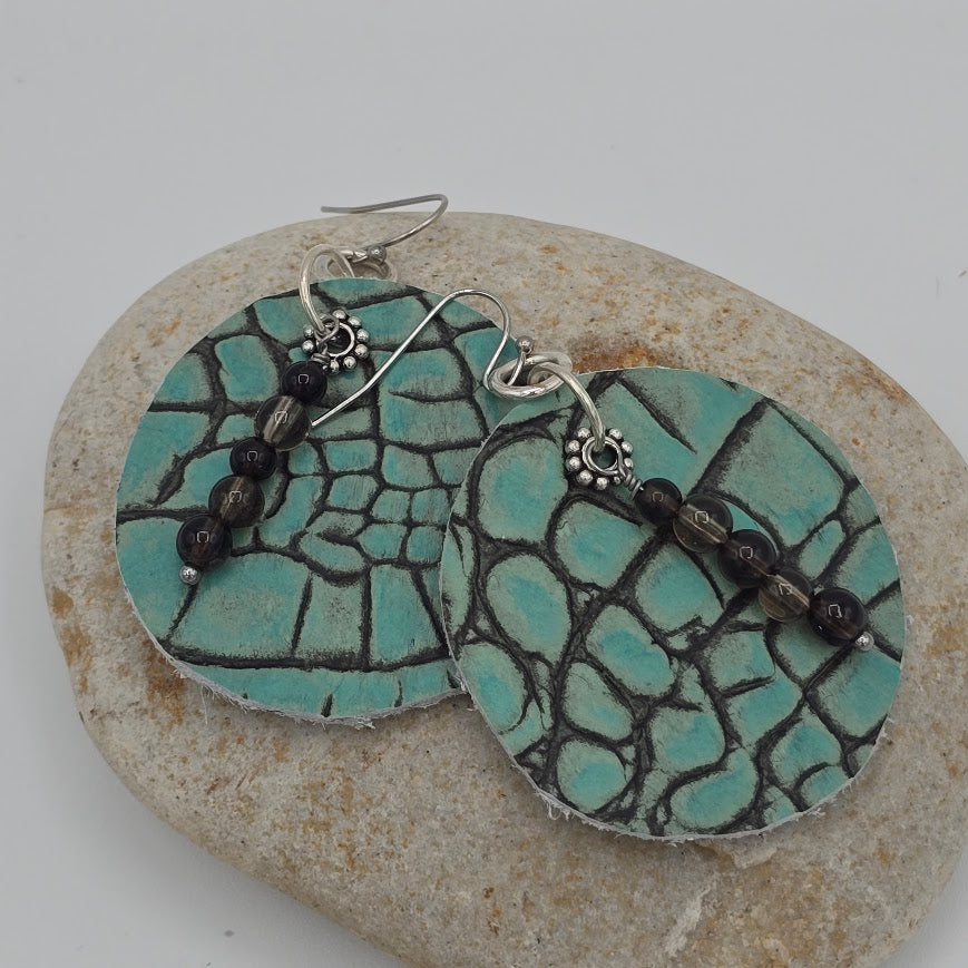 Teal & Gray Reptile With Smoky Quartz on Stainless Steel Ear Wires
