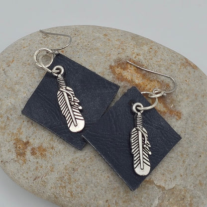 Blue Diamond-Shaped Leather and Silver Tone Feather on Stainless Steel Ear Wires