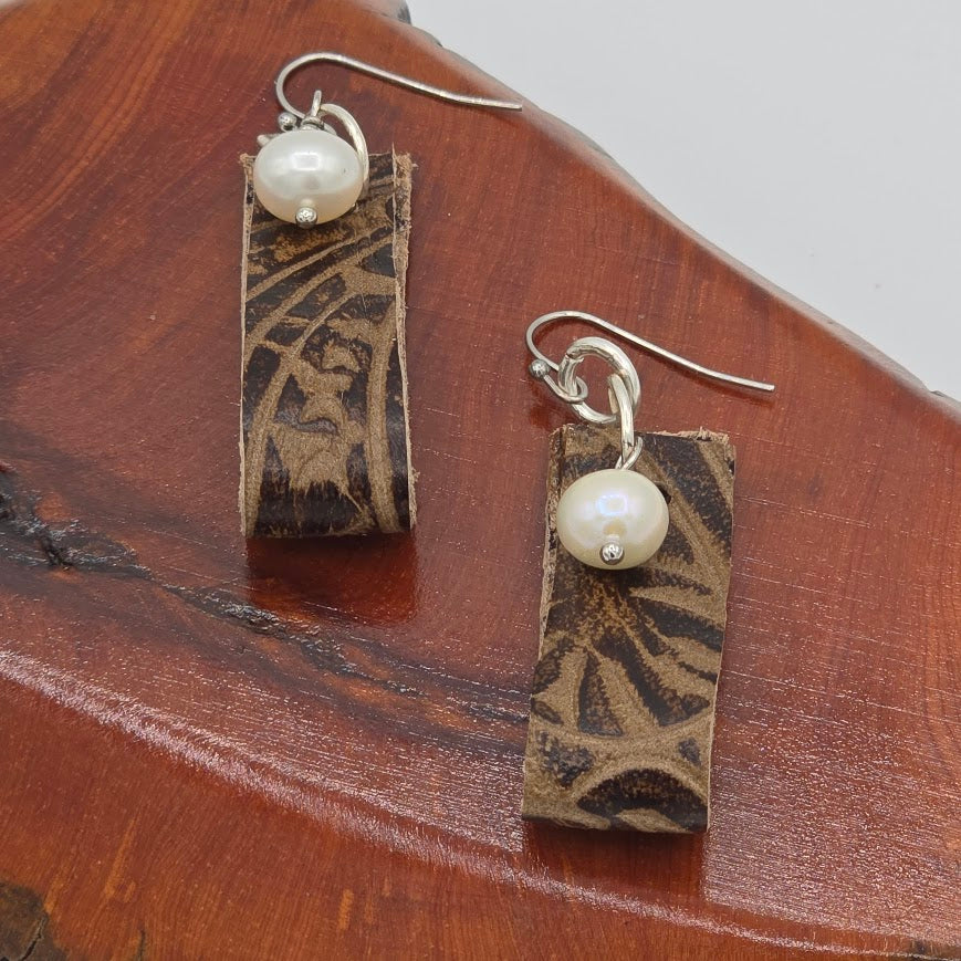 Brown Gator-Print Leather and One Pearl on Stainless Steel Ear Wires