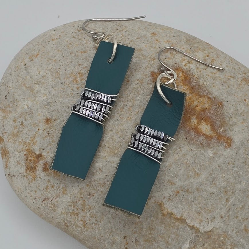 Teal Leather Strip and Wire Wrapped Hematite