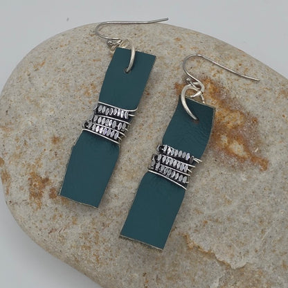 Teal Leather Strip and Wire Wrapped Hematite