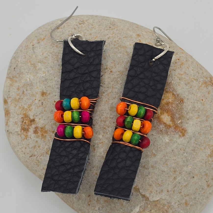 Blue Leather Strip and Wire Wrapped Multi-Color Beads on Stainless Steel Ear Wires