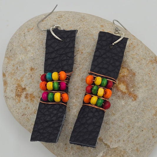 Blue Leather Strip and Wire Wrapped Multi-Color Beads on Stainless Steel Ear Wires