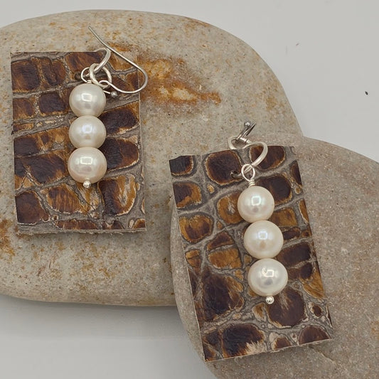 Brown Gator Leather With Three Pearls on Stainless Steel Ear Wires