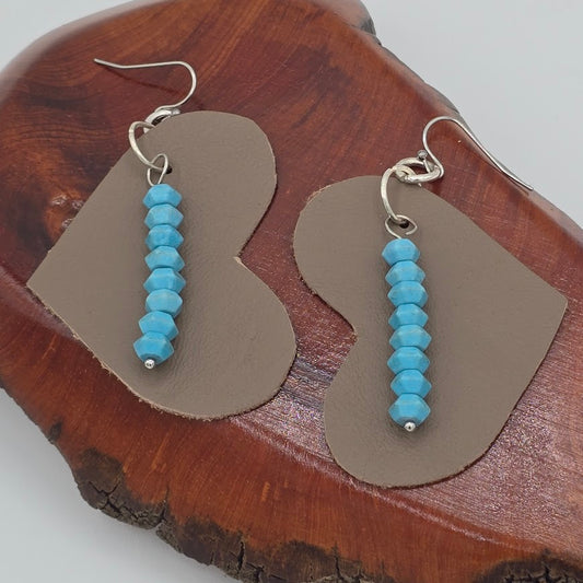 Taupe Leather Hearts With Turquoise Crystals on Stainless Steel Ear Wires