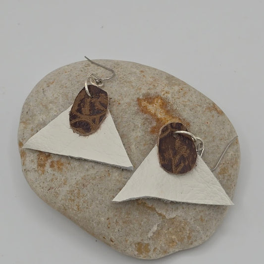 White Triangles & Brown Print Leather on Stainless Steel Ear Wires