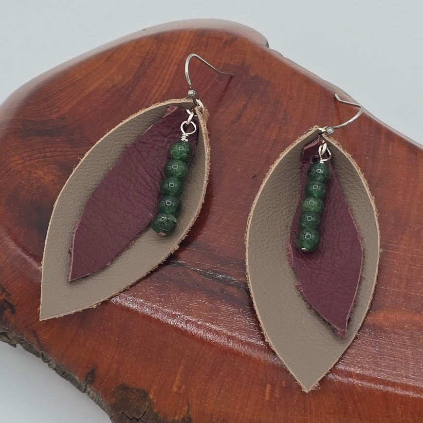 Taupe & Maroon Leaves With Green Aventurine Beads on Stainless Steel Ear Wires