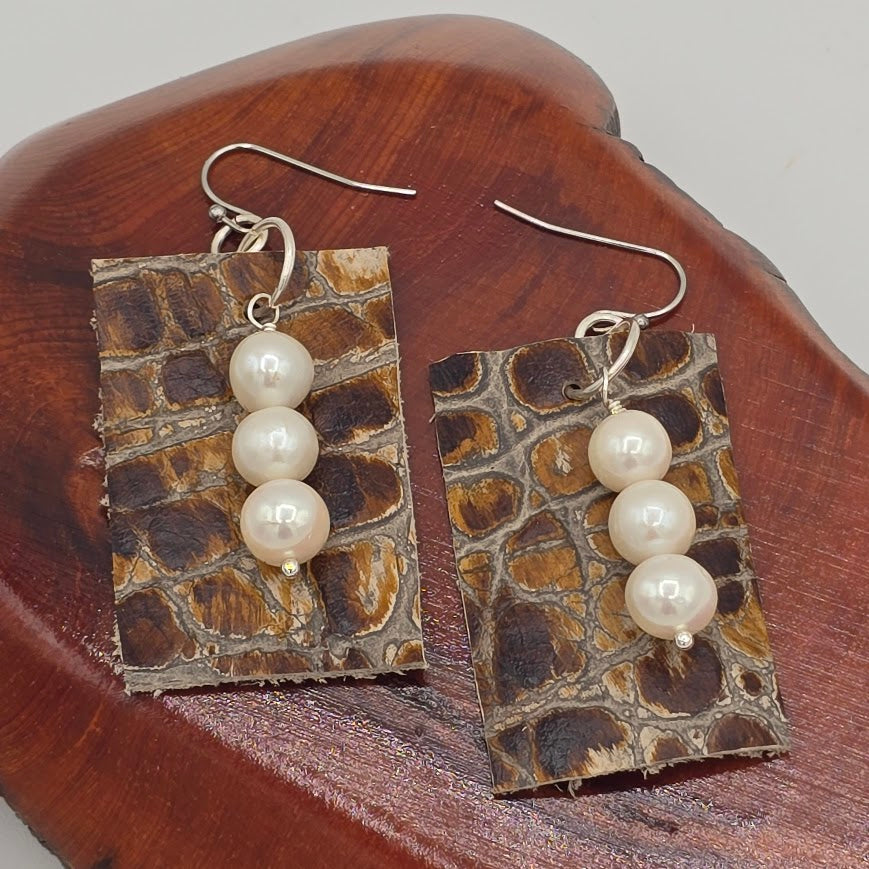 Brown Gator Leather With Three Pearls on Stainless Steel Ear Wires