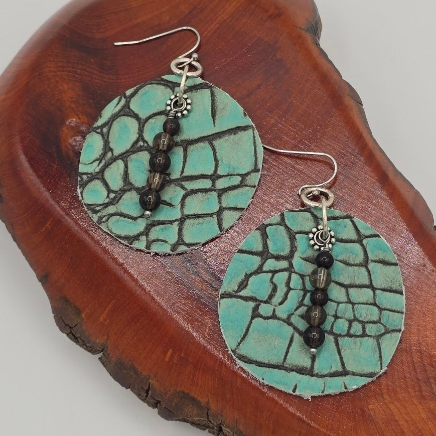 Teal & Gray Reptile With Smoky Quartz on Stainless Steel Ear Wires