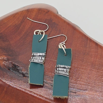 Teal Leather Strip and Wire Wrapped Hematite