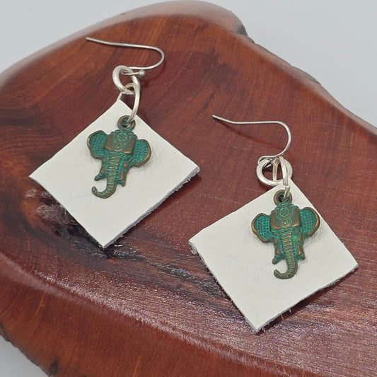White Diamond-Shaped Leather With Green Patina Elephant on Stainless Steel Ear Wires