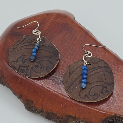 Brown Print Leather With Sodalite on Stainless Steel Ear Wires