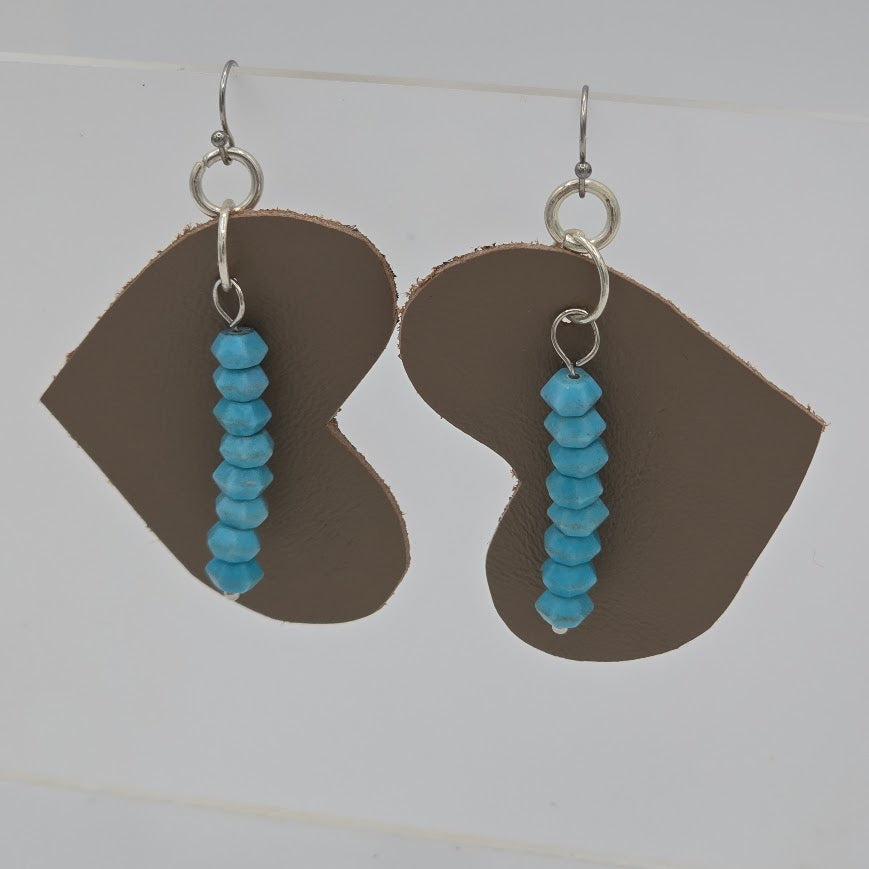 Taupe Leather Hearts With Turquoise Crystals on Stainless Steel Ear Wires