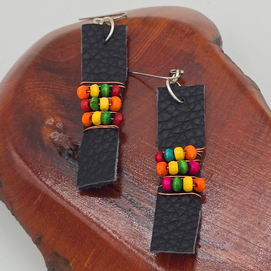 Blue Leather Strip and Wire Wrapped Multi-Color Beads on Stainless Steel Ear Wires