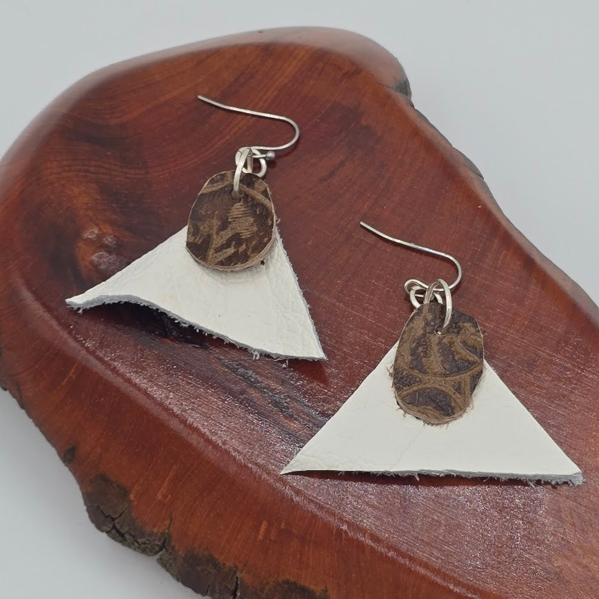 White Triangles & Brown Print Leather on Stainless Steel Ear Wires