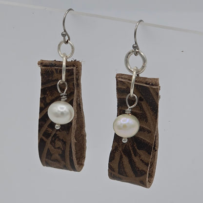 Brown Gator-Print Leather and One Pearl on Stainless Steel Ear Wires