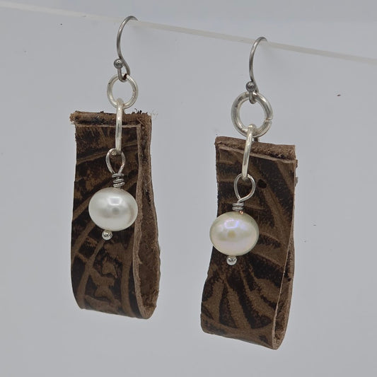 Brown Gator-Print Leather and One Pearl on Stainless Steel Ear Wires