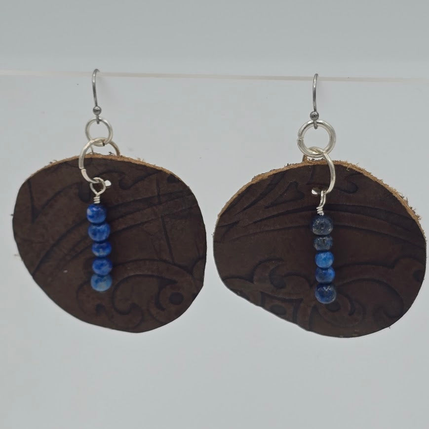 Brown Print Leather With Sodalite on Stainless Steel Ear Wires
