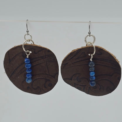 Brown Print Leather With Sodalite on Stainless Steel Ear Wires