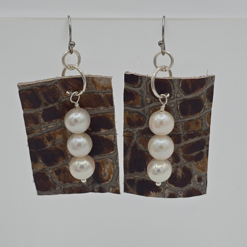 Brown Gator Leather With Three Pearls on Stainless Steel Ear Wires