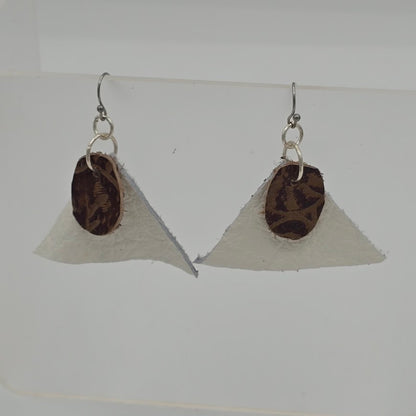 White Triangles & Brown Print Leather on Stainless Steel Ear Wires