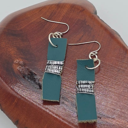 Teal Leather Strip and Wire Wrapped Hematite