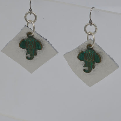White Diamond-Shaped Leather With Green Patina Elephant on Stainless Steel Ear Wires