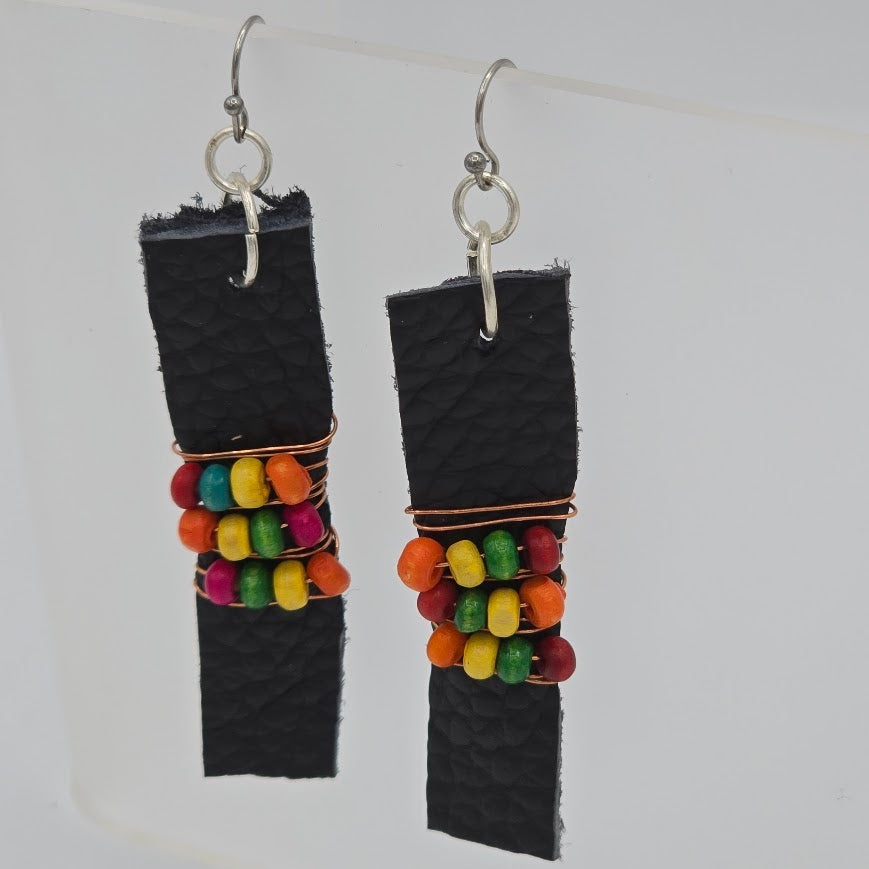 Blue Leather Strip and Wire Wrapped Multi-Color Beads on Stainless Steel Ear Wires