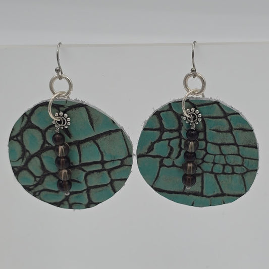 Teal & Gray Reptile With Smoky Quartz on Stainless Steel Ear Wires