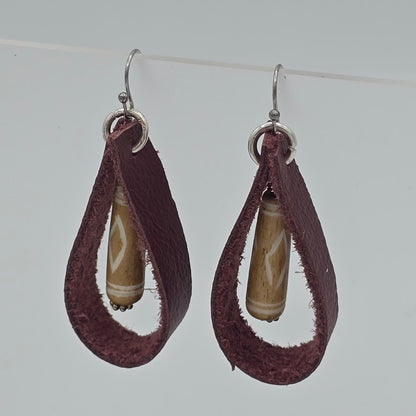Maroon Leather Loops With Carved Bone Dangle on Stainless Steel Ear Wires