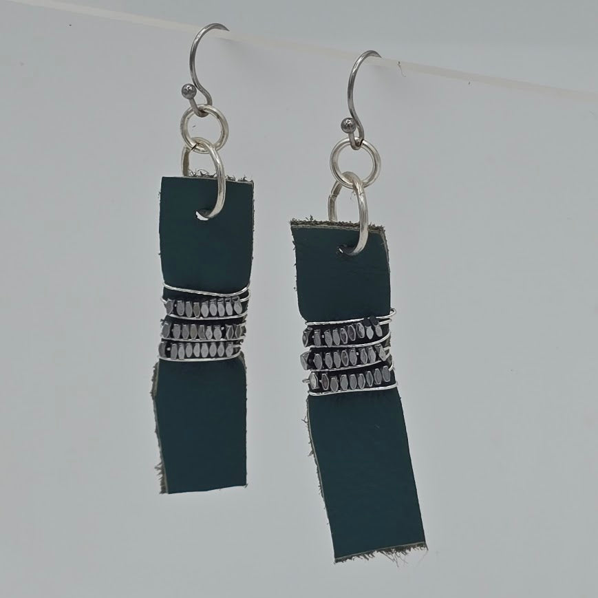 Teal Leather Strip and Wire Wrapped Hematite