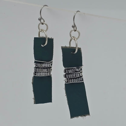Teal Leather Strip and Wire Wrapped Hematite