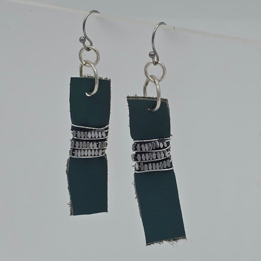 Teal Leather Strip and Wire Wrapped Hematite