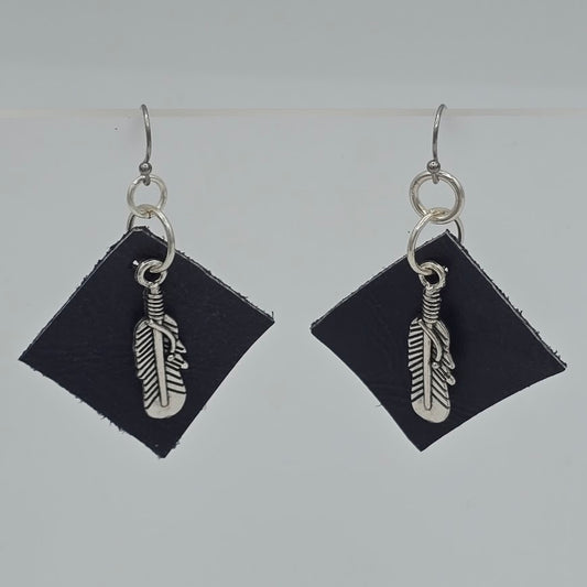 Blue Diamond-Shaped Leather and Silver Tone Feather on Stainless Steel Ear Wires