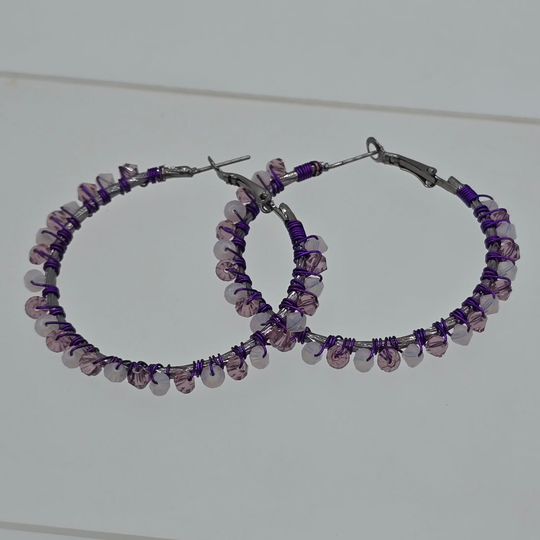 Swarovski Crystals - Purple &amp; Translucent White Hoops Earrings