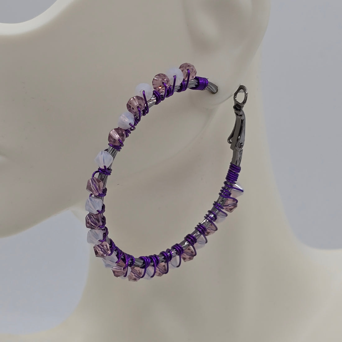 Swarovski Crystals - Purple &amp; Translucent White Hoops Earrings